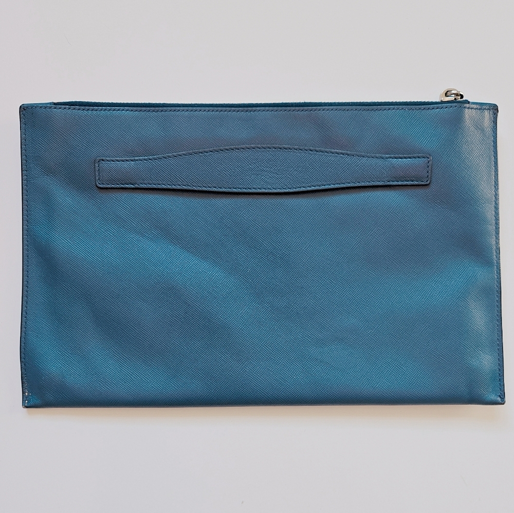 PRADA Saffiano Leather Blue Zipper Clutch Pouch Bag With Silver Hardware. - Picture 11 of 14